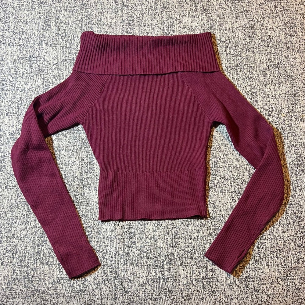 Princess Polly Burgundy Off Shoulder Ribbed Cropped Sweater L XL